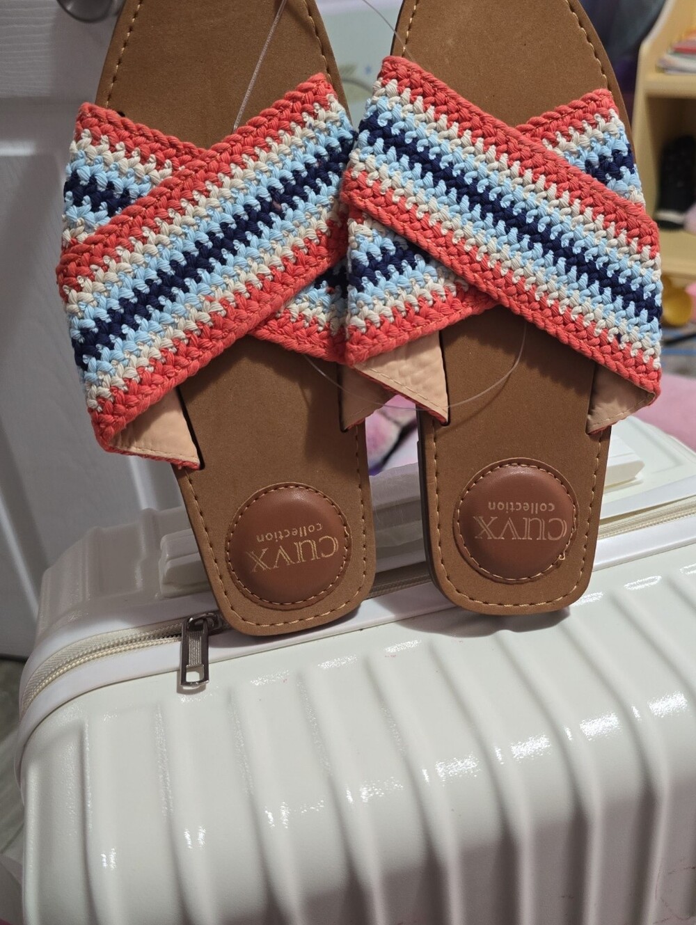 Kids Coral & Navy Crochet Slide Sandals